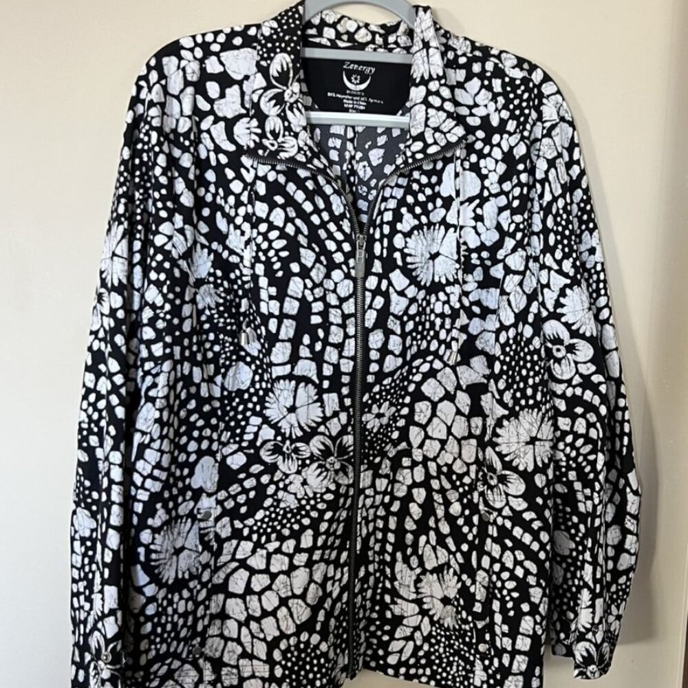 Chico's Black and White Floral-Print Bomber Jacket
